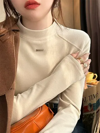 双面德绒半高领内搭打底衫女秋冬2024新款加绒t恤高级感洋气上衣图片