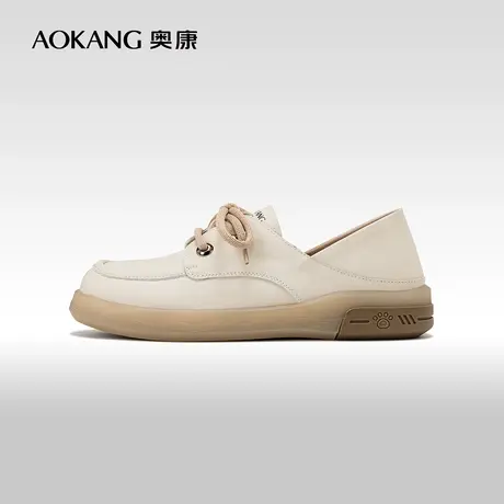 奥康女鞋春秋季新款真皮美拉德风休闲板鞋复古圆头面包鞋系带单鞋图片