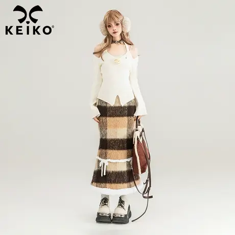 KEIKO 白色挂脖式露肩针织上衣2024早春纯欲辣妹小个子内搭打底衫图片