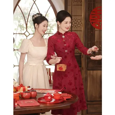 结婚妈妈装婚礼服2024新款年轻中式喜婆婆婚宴装旗袍高贵洋气春秋图片