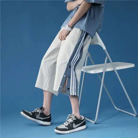 夏季七分裤男排扣中裤潮牌ins高街运动裤条纹情侣休闲速干7分短裤商品大图