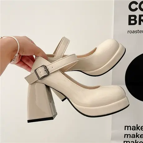 玛丽珍鞋粗跟防水台厚底增高日系辣妹漆皮黑色气质法式高跟小皮鞋商品大图