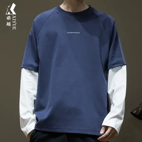 希越280g重磅长袖T恤男2024春季美式休闲宽松大码男士假两件上衣商品大图