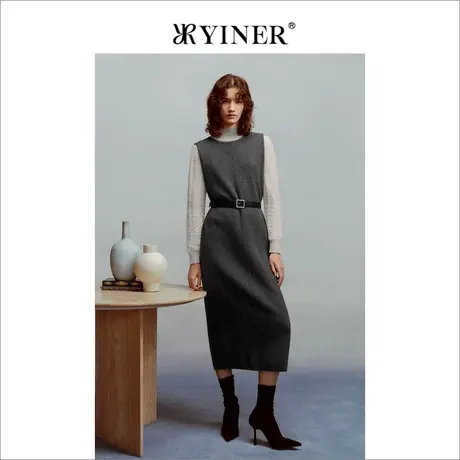 【裸感羊绒】YINER音儿女装冬季绵羊毛无袖质感连衣裙商品大图