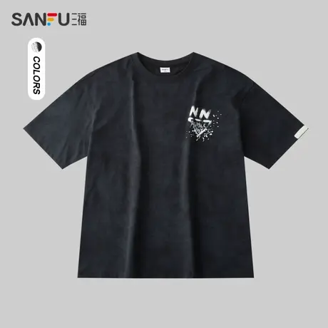 三福2024夏季男士后背涂鸦短T恤 潮流嘻哈风圆领上衣男483210商品大图
