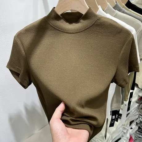 纯色百搭半高圆领螺纹短袖T恤女2024早春新款修身内搭打底衫上衣商品大图