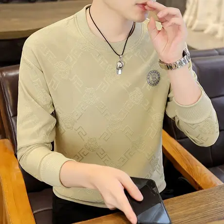 【80-200斤】高档提花烫钻男士长袖T恤加肥加大码秋冬卫衣打底衫图片