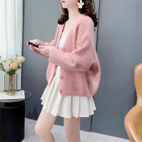 韩系短款小个子V领针织开衫女春季2024新款宽松洋气百搭毛衣外套图片