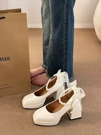 法式晚晚气质高跟玛丽珍鞋女2024春新款白色婚鞋松糕鞋粗跟小皮鞋图片