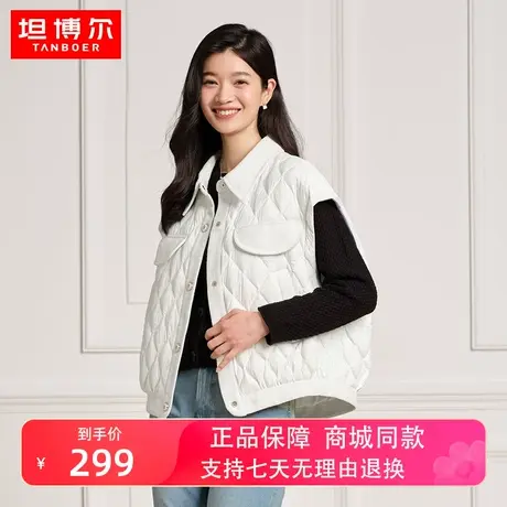坦博尔2023年新款小香风羽绒服女轻薄短款无袖拼接翻领马甲外套女商品大图
