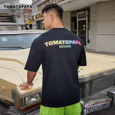 TOMATOPAPA短袖T恤字母印花重磅国潮简约街头复古体恤彩虹男上衣商品大图