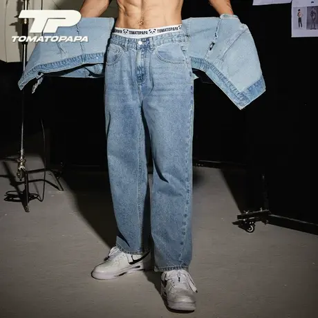 TOMATOPAPA四季牛仔裤男基础棉直筒潮流青年百搭休闲浅蓝色长裤子图片