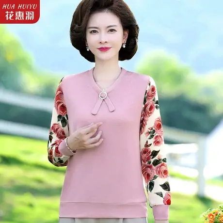 妈妈秋装洋气长袖针织上衣服中年女装春秋打底小衫中老年T恤套装商品大图