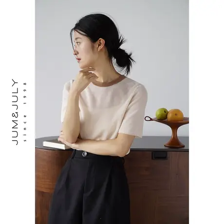 嘉茱莉2023秋季新款短款羊毛针织衫女撞色圆领羊毛针织套头毛衣商品大图