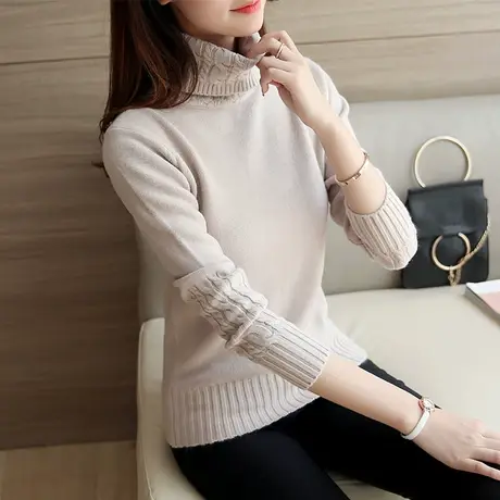 2021秋冬新款纯色领口袖口麻花针织衫女装毛衣打底衫高领套头修身图片