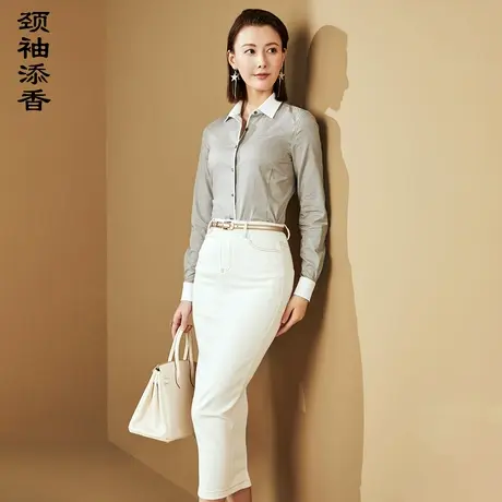 颈袖添香2023秋季新款衬衫ol长袖修身时尚女士千鸟格衬衣商品大图