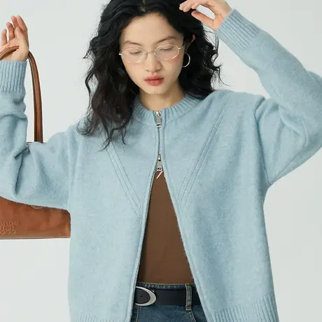 omont蛋挞家 灰色羊毛拉链毛衣女冬季2023新款复古开衫针织外套图片