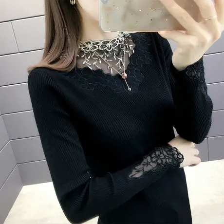 针织打底衫女长袖蕾丝上衣女秋冬装2023新款洋气网纱拼接薄款毛衣图片