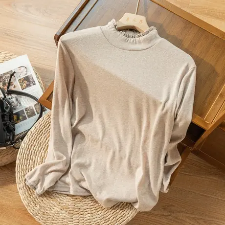 半高领木耳边T恤软糯上衣女宽松显瘦纯色打底衫休闲气质2022新款图片