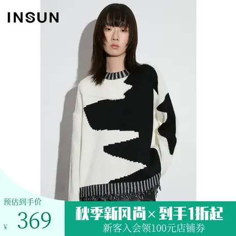 恩裳COVER2023早春羊毛针织衫经典黑白撞色拼接流苏休闲套头毛衣图片