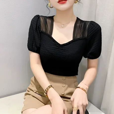 性感网纱拼接T恤女短袖欧货洋气镂空蕾丝上衣时尚钉珠V领紧身小衫商品大图