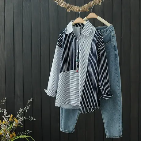 撞色拼接长袖条纹衬衫女设计感小众2022春季新款休闲百搭打底衬衣商品大图