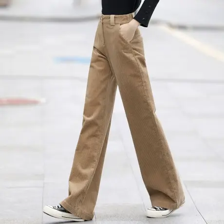 卡其色灯芯绒裤子女秋冬加绒高腰阔腿裤2023新款直筒休闲女裤条绒商品大图