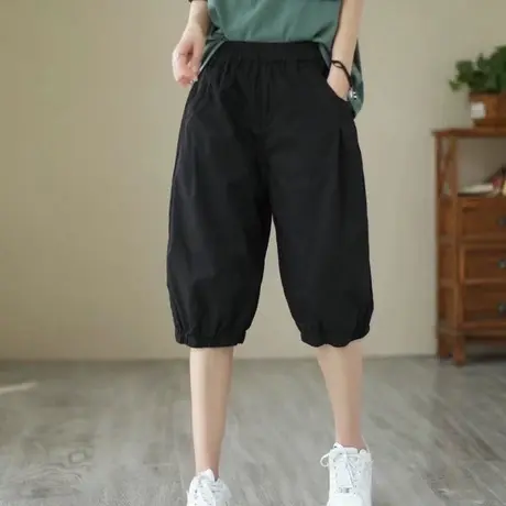 2023夏季新款休闲短裤女宽松大码高腰五六分裤显瘦水洗棉哈伦中裤图片