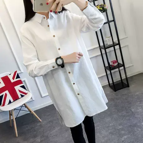 2020春秋装韩版BF风纯棉长袖衬衣大码宽松白色中长款衬衫裙女外套图片