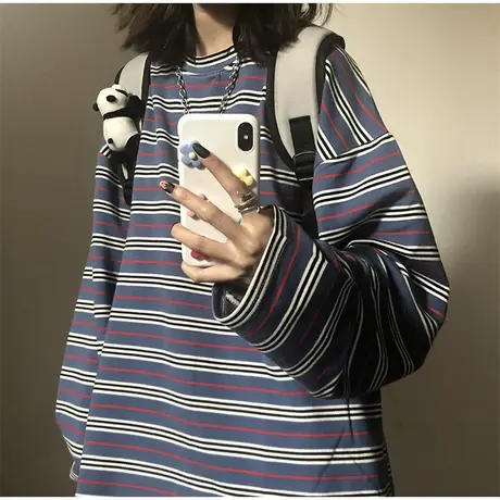 条纹长袖t恤女2020新款初秋外穿宽松韩版ins原宿bf慵懒风上衣服潮图片