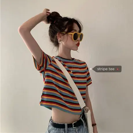 彩虹条纹网红t恤女短袖2023年新款短款高腰露脐ins超火针织上衣商品大图