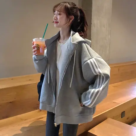 oversize卫衣女2023新款秋冬设计感小众上衣连帽加绒加厚开衫外套商品大图