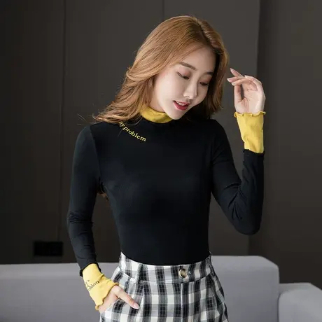 黑色木耳领打底衫女秋冬2023新款内搭半高领长袖紧身百搭减龄上衣图片