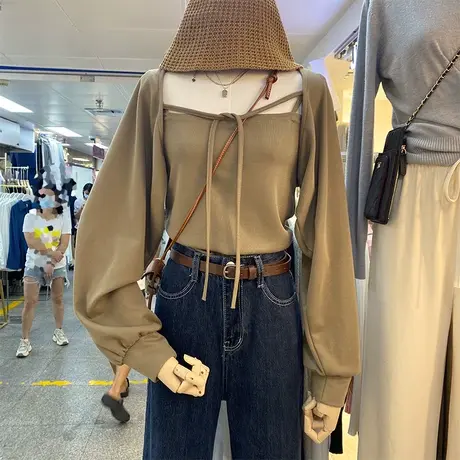 小吊带开衫两件套女2021年早秋新款韩版绑带外套叠穿显瘦气质上衣图片