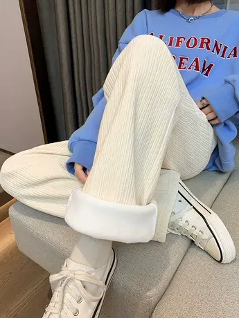 白色加绒加厚雪尼尔阔腿裤女秋冬高腰垂感宽松直筒休闲裤灯芯绒裤商品大图