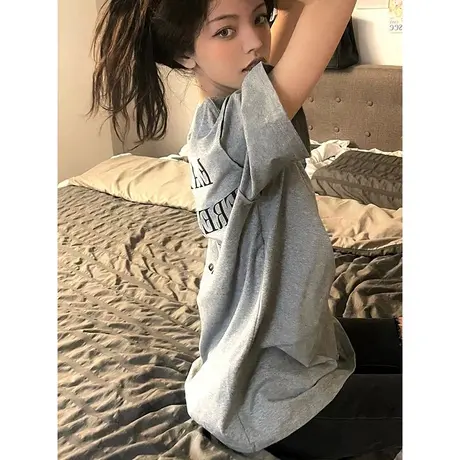 纯棉灰色短袖t恤女小个子夏季2023新款美式复古宽松显瘦半袖上衣商品大图