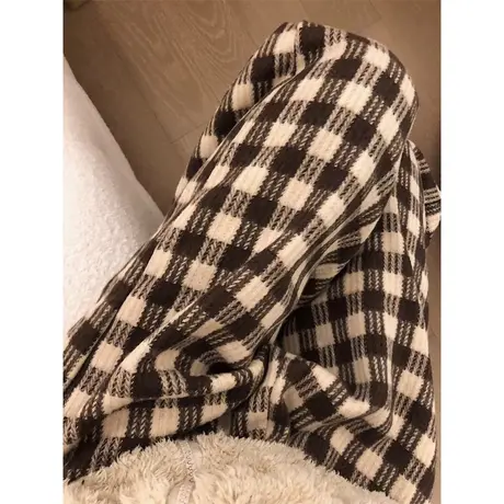 休闲格子裤女秋冬2023高腰显瘦美式复古宽松直筒裤拖地阔腿裤春季商品大图