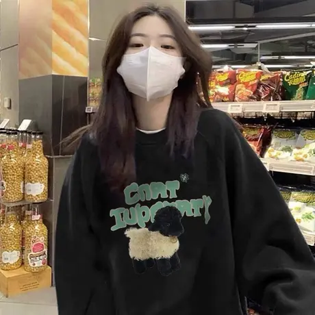 圆领卫衣女落肩小个子春秋款vibe国潮oversize宽松慵懒风长袖上衣商品大图