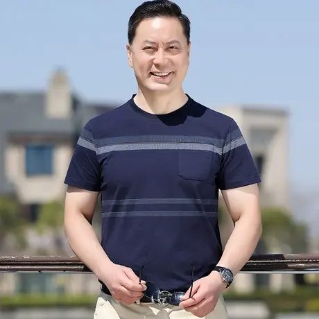 短袖t恤男士中年半袖体恤polo汗衫夏季新薄款纯棉条纹休闲爸爸装商品大图