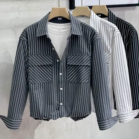 2023春秋新款男士休闲衬衣免烫潮流港风日系宽松条纹拼接衬衫长袖商品大图