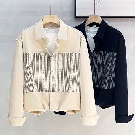 春秋季条纹拼接衬衫男长袖上衣美式复古宽松休闲衬衣外套男装潮流商品大图