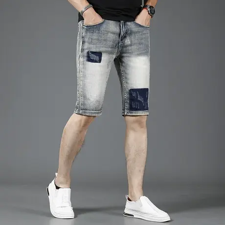 美式复古色牛仔短裤男夏季薄款修身弹力2023新款男士中裤五分裤潮图片