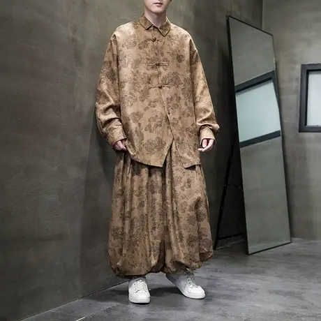 新中式搭配一套长袖衬衫男中国风男装汉服灯芯绒盘扣衬衣唐装外套图片