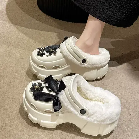 甜酷暗黑系加绒洞洞鞋女2023秋冬新款厚底两穿棉韩版毛毛棉拖鞋商品大图