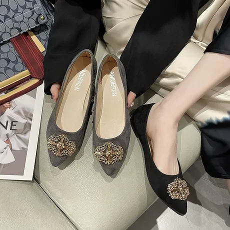 小众设计感尖头单鞋春秋新款圆扣黑色软底平底鞋一脚蹬豆豆女鞋子商品大图