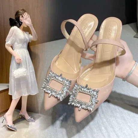 凉鞋女2023年夏季新款时装包头方扣高跟鞋女尖头细跟银色新娘鞋商品大图