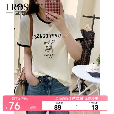 蓝若水大码女装夏季胖MM复古撞色印花t恤洋气减龄显瘦小个子上衣商品大图