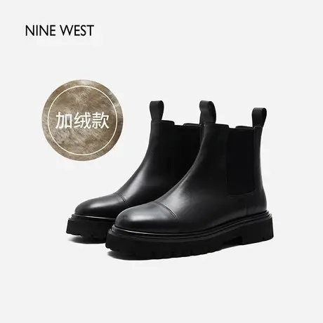Nine West/玖熙圆头烟筒靴冬新款英伦风弹力厚底切尔西靴加绒图片