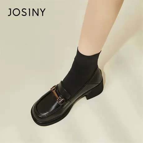 Josiny/卓诗尼黑色乐福鞋女2024新款春季一脚蹬单鞋粗跟小皮鞋子商品大图