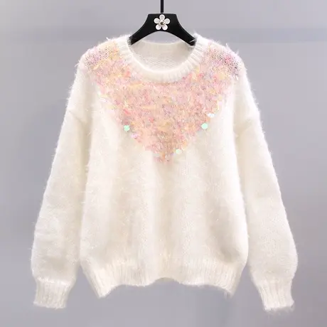 小清新彩色亮片毛衣女秋冬2023新款宽松慵懒风高级感针织衫上衣商品大图